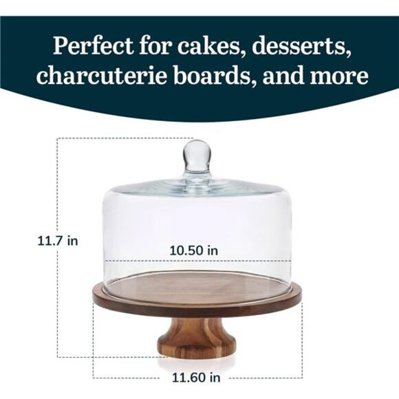 Acacia Wood Cake Stand with Lid, Footed Round Cake Container, Ball Top Handle - Picture 3 of 7